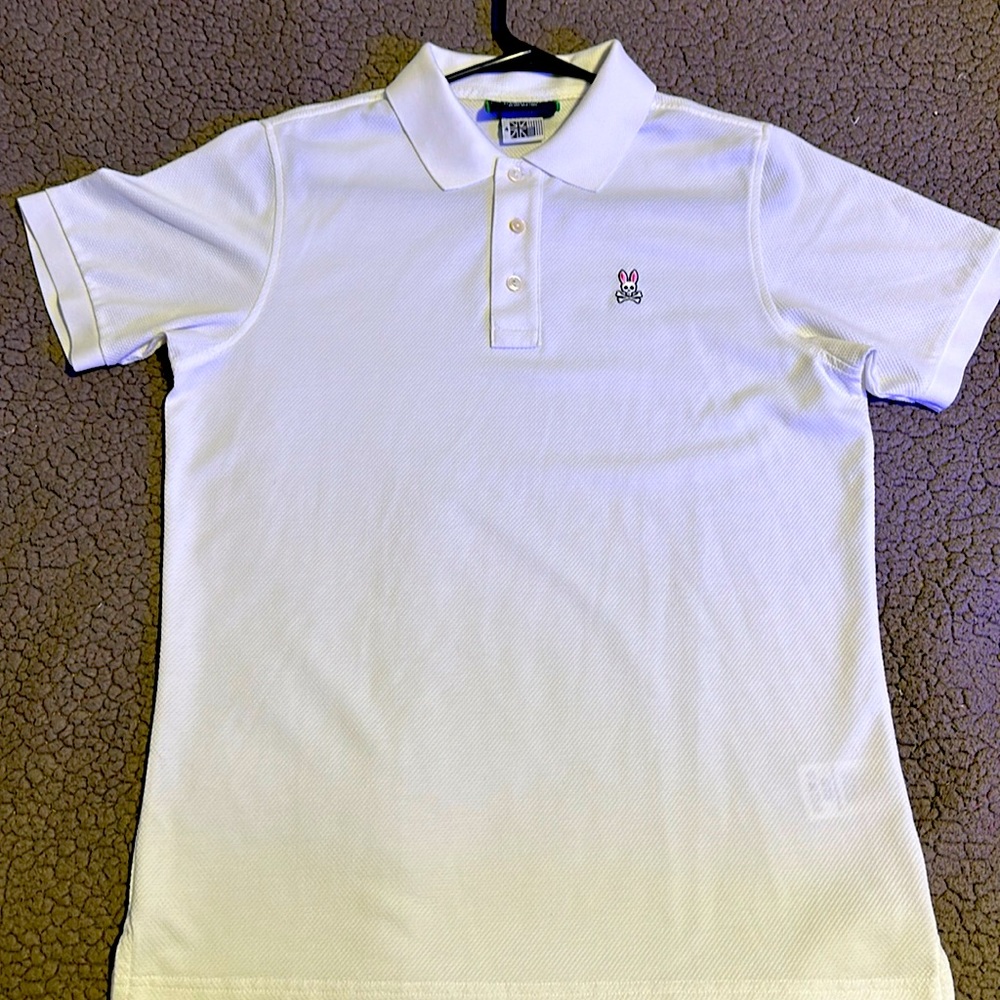 Physcho Bunny white collar shirt; size(s)